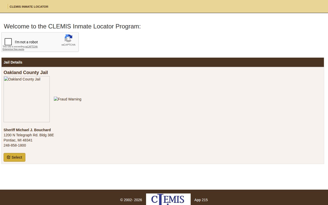 CLEMIS Inmate Locator gateway for Oakland County Jail custody searches