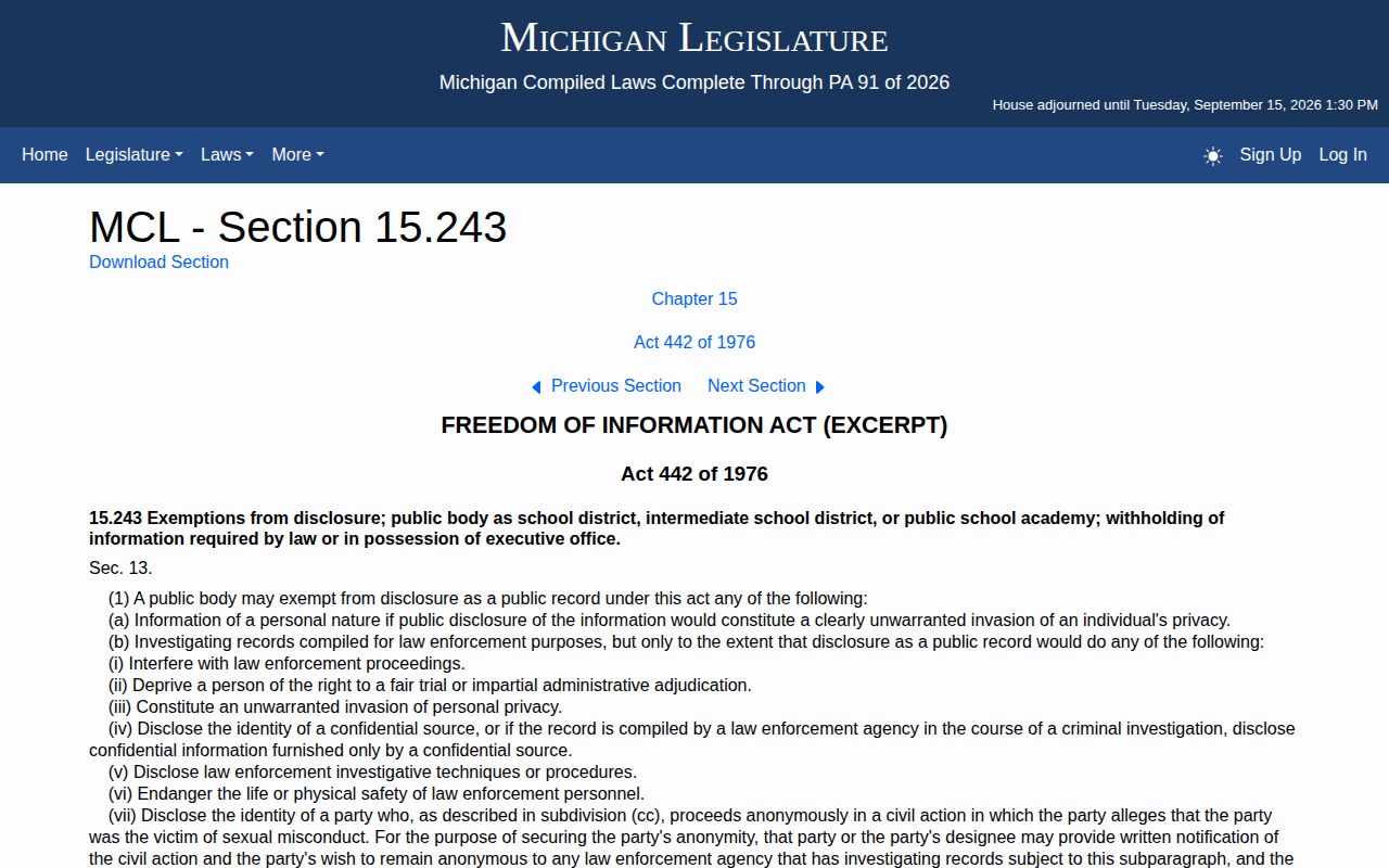 Michigan Legislature MCL 15.243 public-record exemptions page