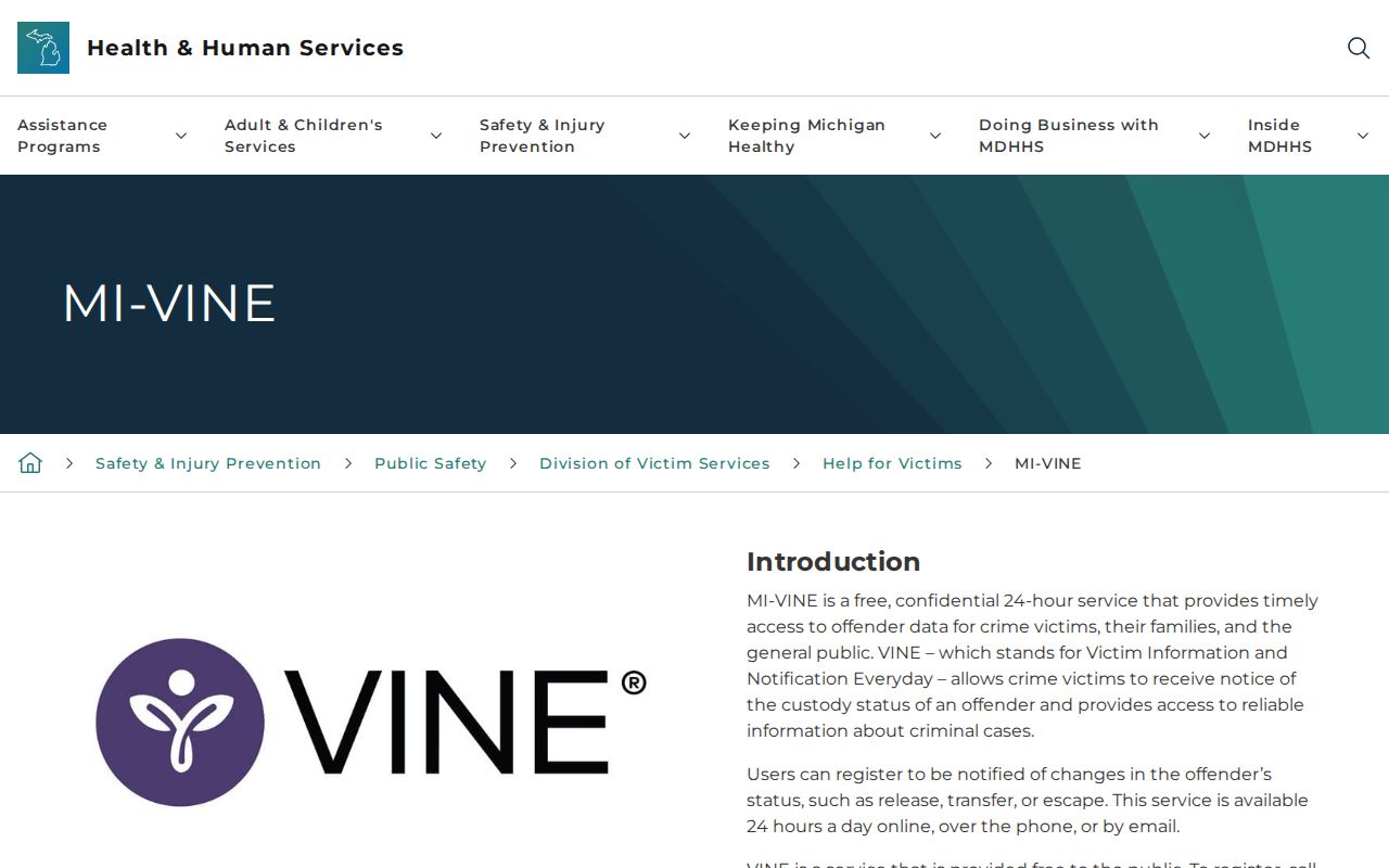 Michigan MI-VINE service for Oakland County custody and arrest notifications
