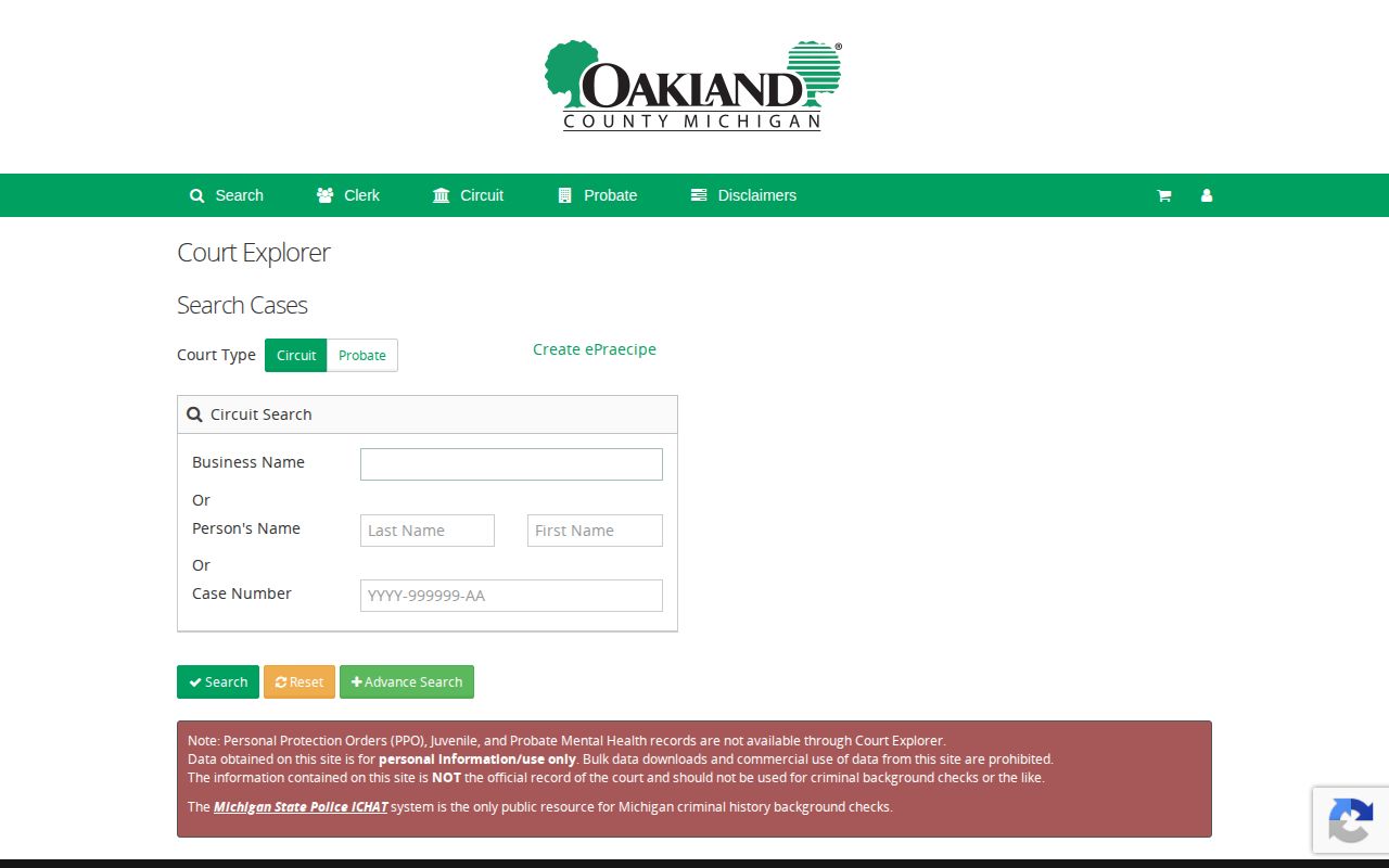 Oakland County Court Explorer case search interface