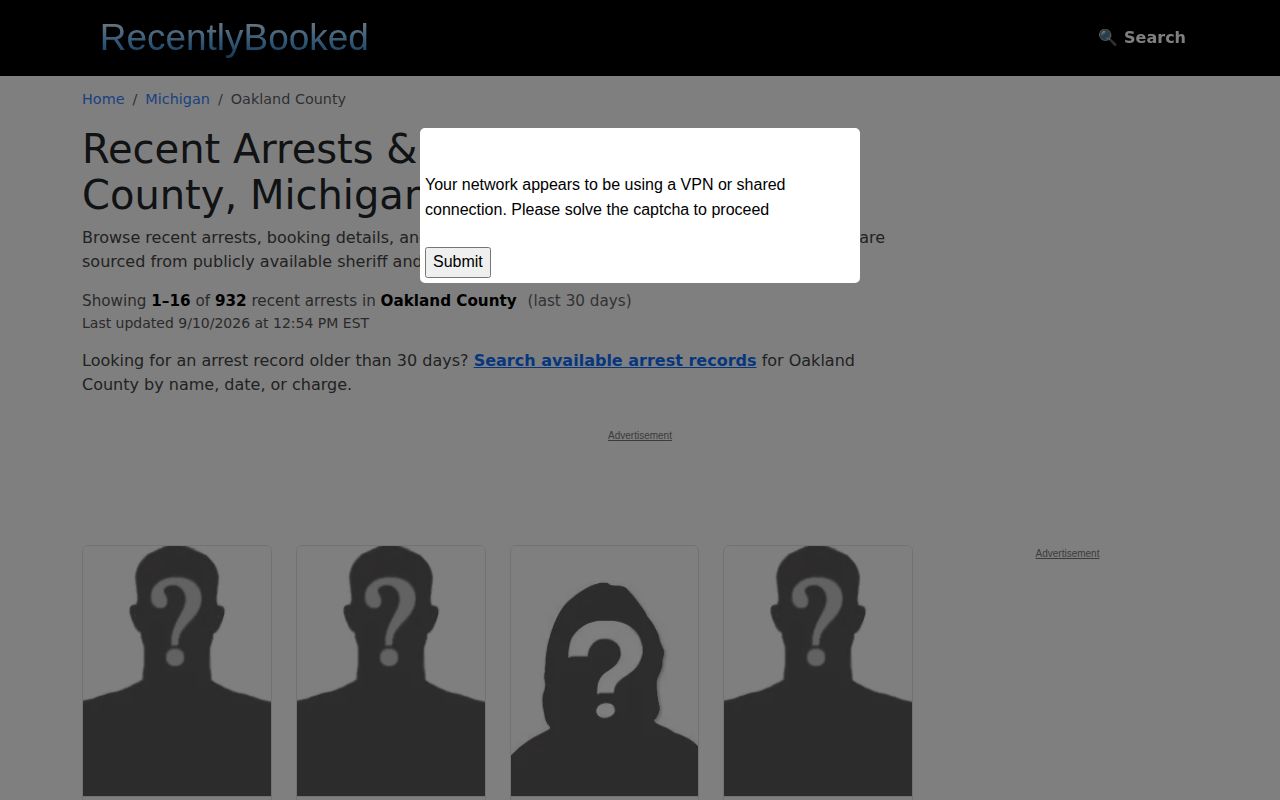 RecentlyBooked unofficial Oakland County page interface
